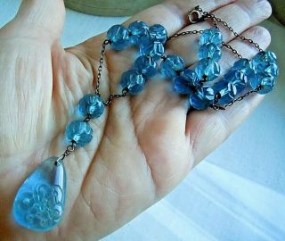 Antique Chinese Pierced Carved Blue Peking Glass Pendant Bead Sterling Necklace
