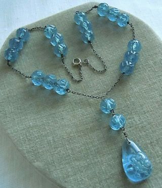 Antique Chinese Pierced Carved Blue Peking Glass Pendant Bead Sterling Necklace 2