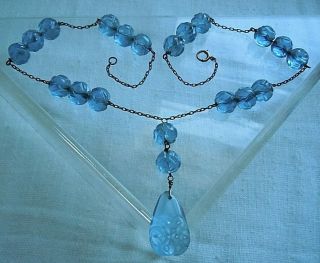 Antique Chinese Pierced Carved Blue Peking Glass Pendant Bead Sterling Necklace 3