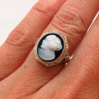 Antique Art Deco 750/18k White Gold Cameo Handcrafted Collectible Filigree Ring
