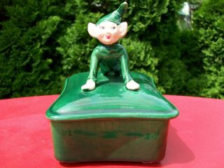 Vintage Gilner? Pixie Elf Imp Green Covered Box Dish.  Nr