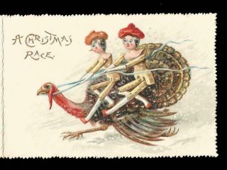 U52 - Wooden Dolls & Turkey - Raphael Tuck Folding Embossed Victorian Xmas Card