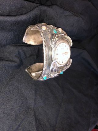Vintage Men’s Sterling Silver And Turquoise Watch Cuff With Seiko Kinetic Watch