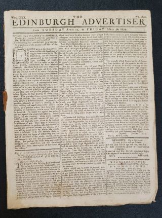 The Edinburgh Advertiser Red Tax Stamp April 1779 Newspaper - Revolutionary War