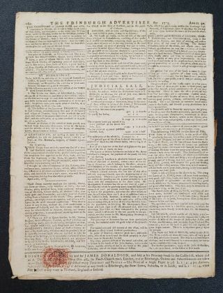 THE EDINBURGH ADVERTISER RED TAX STAMP APRIL 1779 NEWSPAPER - REVOLUTIONARY WAR 2