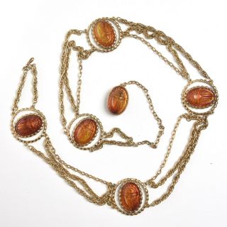Vintage Egyptian Revival Amber Scarab Gold Tone Belt / Necklace 2