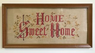 Vtg Framed Needlepoint Cross Stitch Embroidery " Home Sweet Home " 12 X 24