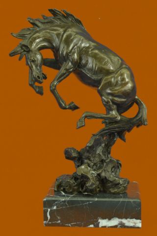 Signed Art Deco Rearing Horse Bronze Sculpture Marble Base Statue Decor
