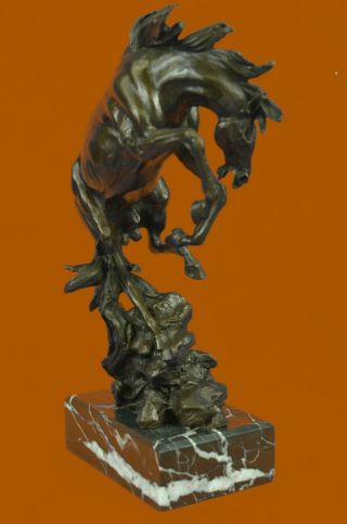 Signed Art Deco Rearing Horse Bronze Sculpture Marble Base Statue Decor 3