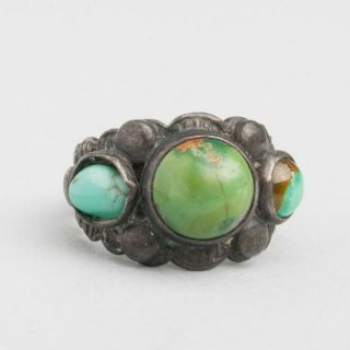 Unique Artisan Antique Sterling Silver Ring With Green Jade & Turquoise Size 5