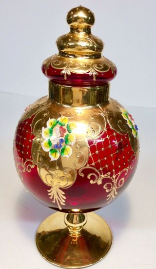 Vintage Moser Style Bohemian Red Glass Gilt Enameled Flowers Urn Vase Dish