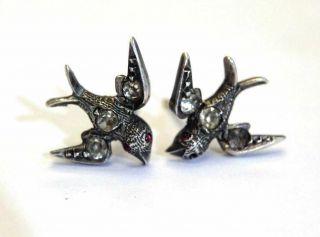 Antique Victorian Sterling Silver Swallow Bird Earrings With 14k Gold Posts