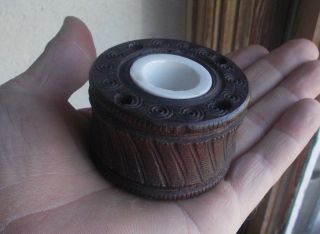 Early 1820s Solid Wood Inkwell W/porcelain Insert Quill Pen Holes Lathe Turned