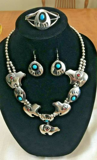 Vintage Navajo Silver Necklace,  Bracelet And Earring Set Navajo