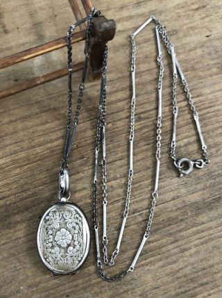 Antique Victorian Sterling Silver Locket Necklace On Extra Long Chain