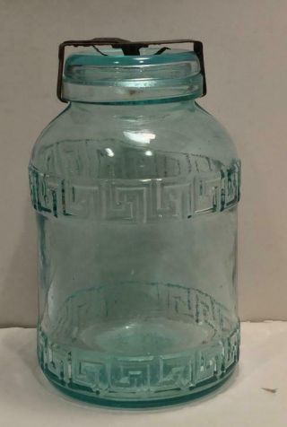 Safety Valve Pat.  May 21 1895 Aqua 1/2 Gal Greek Key Design Fruit Mason Jar