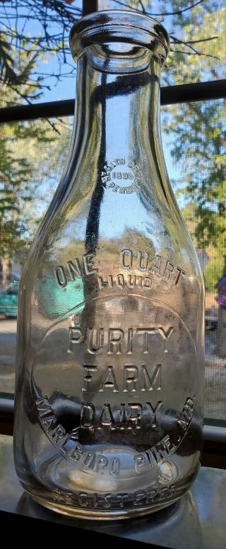 Very Rare Purity Farm Dairy Marlboro Pike,  Md.  Quart Milk Bottle