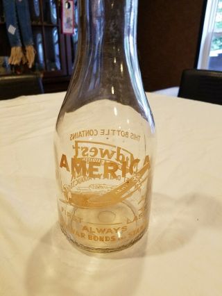 Vintage One Quart Glass Milk Bottle W/ Ww2 War Bond Slogan Midwest Dairy Prod.
