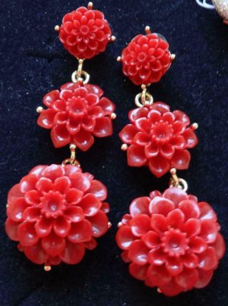 Kenneth J Lane Vintage Earrings Haute Couture Massive Red Carved Lucite Rose Cha