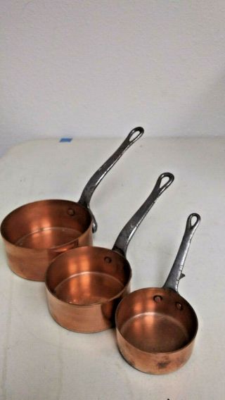 Lan603 Set Of 3 Vintage French Style Copper Sauce Pans With Cast Iron Handles