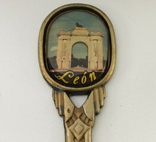 Vtg Leon Guanajuato Mexico Gold Painted Pewter Souvenir Spoon Causeway Arch