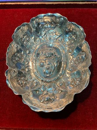 1893 William Comyns Art Nouveau Sterling Silver Dish.  Embossed With Flowers.