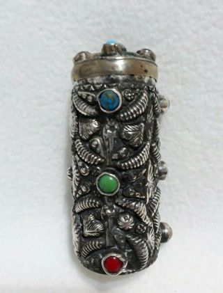 Old Handmade Solid Silver Hallmarks Egyptian Gemstones Cylindrical Tall Box Cap
