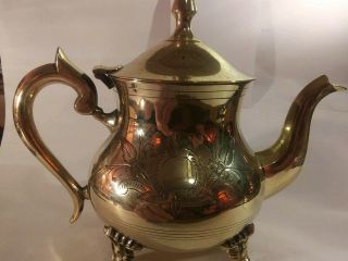 Vintage Brass Tea Pot Etched Footed