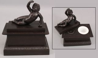 19thc Antique Cast Iron Cherub Puti Sculpture,  Porcelain Inkwell & Sander,  Nr