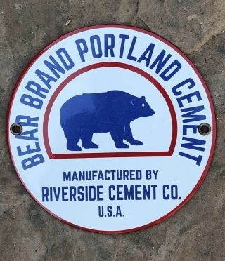Vintage Porcelain Steel Sign Bear Brand Portland Cement Riverside Heavy