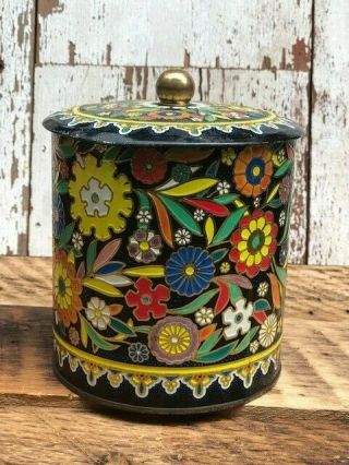 Vintage Daher Tin Container England Decorative Canister Tea Coffee Black Floral
