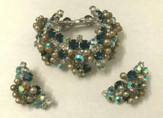 Vintage Juliana? Bracelet And Earrings,  Rhinestones,  Ab,  Faux Pearls