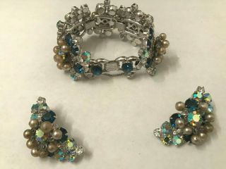 Vintage Juliana? bracelet and earrings,  rhinestones,  AB,  faux pearls 2