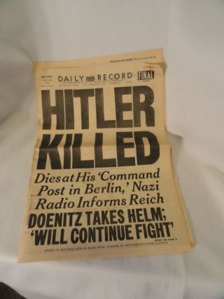 Boston Daily Record May 2,  1945 Hitler Killed Front Page Newspaper Complete