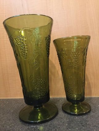 Vintage Green Avocado Glass Vase Paneled - Grape Design Set 2