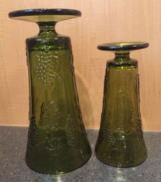 Vintage GREEN AVOCADO GLASS VASE PANELED - GRAPE DESIGN Set 2 2