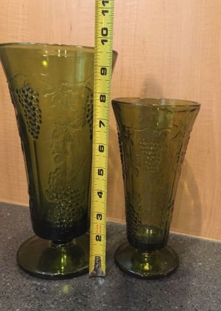 Vintage GREEN AVOCADO GLASS VASE PANELED - GRAPE DESIGN Set 2 3