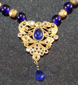 Gold Plated & Blue Glass Vintage Art Deco Antique Necklace