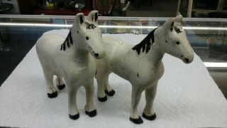 Vintage Folk Art Hand Carved Painted Wood Horse Pair Primitive White/black