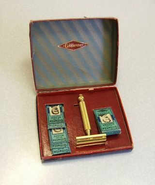 Vintage Gold 1940 ' s Gillette Tech DE Safety Razor in Eagle Presentation Box 2
