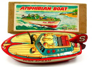 Vintage Suzuki “a.  M.  7” Tin Litho Wind - Up Boat W/key/box Nr