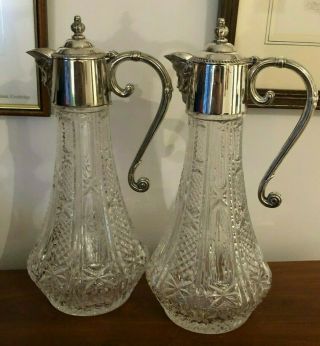 Silver Plated Mounted Claret Jugs With Cut Glass Bodies & Star Cut Bases