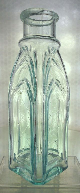 Cathedral Pickle Jar / Bottle.  Rolled Lip.  7.  5 " Cross Hatch In Windows Motif