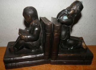 Vintage Heavy Bronze Asian Chinese Kids Reading Studying Bookends 3.  5x4.  5x7 " H