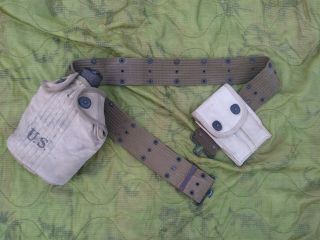 Ww2 Us Military Issue M - 1936 Canvas Web Pistol Belt W/canteen & Mag Pouch 1940s