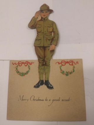 Boy Scout Christmas Card 1915 Era,  Standing Boy Scout In World War I Style Unifo