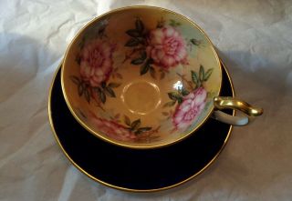 Vintage Aynsley Pink Cabbage Roses Cobalt Blue Cup & Saucer Gold