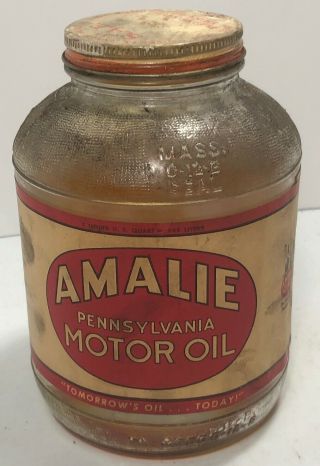 Vintage Amalie Pennsylvania Motor Oil 1 Quart Glass Jar W/ Paper Label Gas Sign