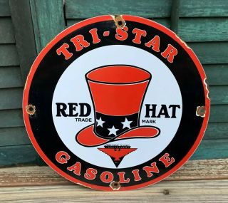 Tri - Star Red Hat Gasoline Vintage Porcelain Enamel Gas Oil Service Station Sign
