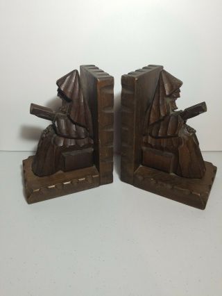 Vintage Hand Carved wooden Monk Priest Friar Jesuit rosary Bookends Guatemala 2